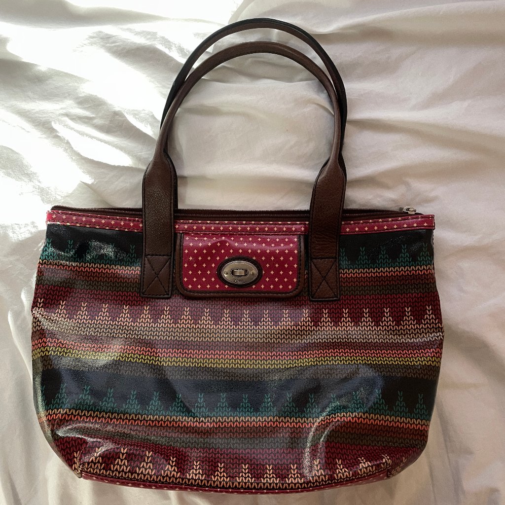 Fossil Key-Per Vinyl Coated Shoulder Tote Bag Approx 16.5" X 10.5" Multicolored